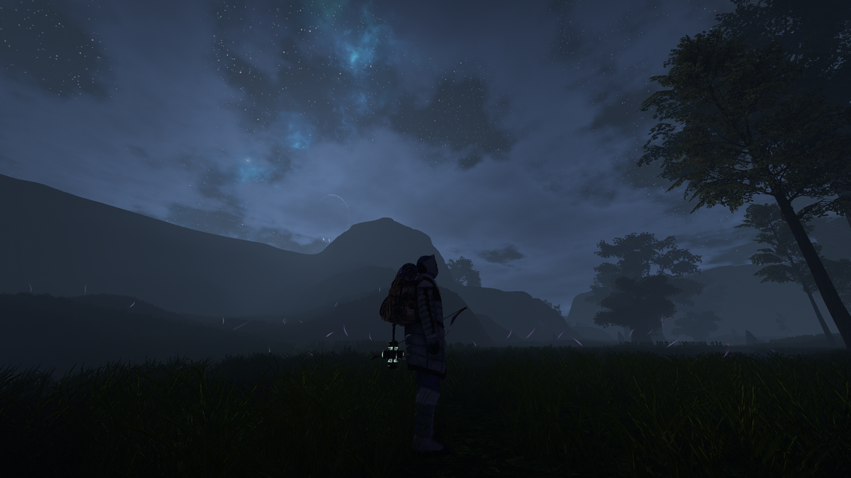 Personaje en el bosque Enmerkar durante la noche donde se ven unas luces violetas flotando